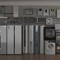 Home Appliances Showroom Display Featuring Refrigerators Washing Machines Microwaves And Cabinets