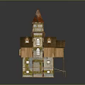 Multi Story Wooden House With Red Steeple Tower And Vines Covered Veranda