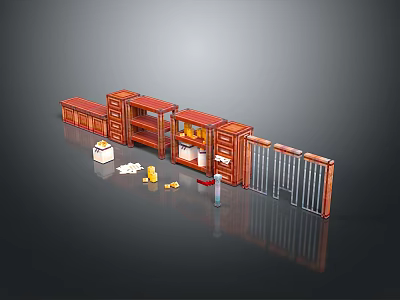 Reddish Brown Wooden Furniture Collection With Bookshelf Drawer Cabinet And Small Accessories 3d model