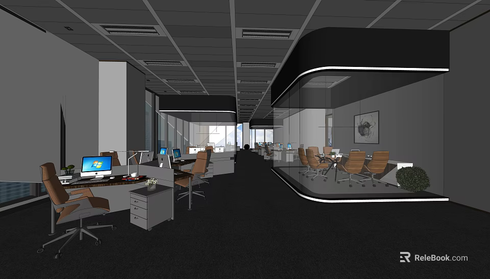 Public Office Space With Open Layout Office Desks Computers And Glass Partitions 3d model 