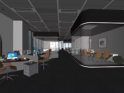 Public Office Space With Open Layout Office Desks Computers And Glass Partitions 3d model