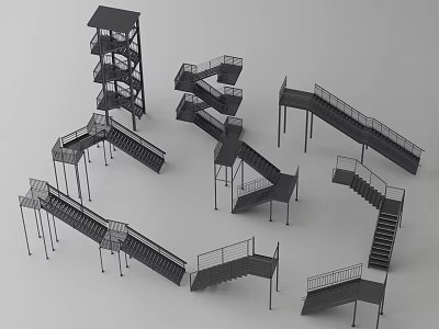 Black Metal Stairs with Different Designs and Various Styles Including Straight Spiral and Platform Structures 3d model
