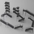 Black Metal Stairs with Different Designs and Various Styles Including Straight Spiral and Platform Structures