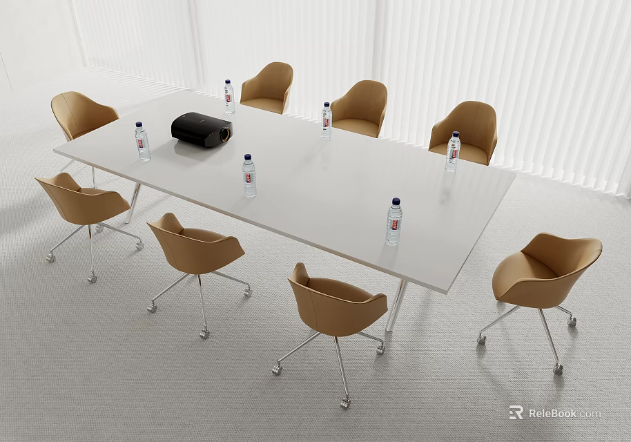 Modern Conference Table With Brown Chairs Water Bottles And Black Device In Meeting Room 3d model 
