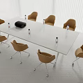 Modern Conference Table With Brown Chairs Water Bottles And Black Device In Meeting Room