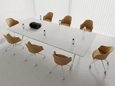 Modern Conference Table With Brown Chairs Water Bottles And Black Device In Meeting Room 3d model