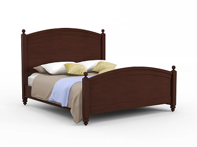 Dark Brown Wooden Double Bed with Curved Headboard Decorative Finials Pillows and Quilt 3d model