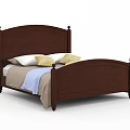 Dark Brown Wooden Double Bed with Curved Headboard Decorative Finials Pillows and Quilt