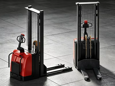 Red and Black Industrial Equipment Forklifts with Control Handles Pallet Forks and Safety Cages 3d model