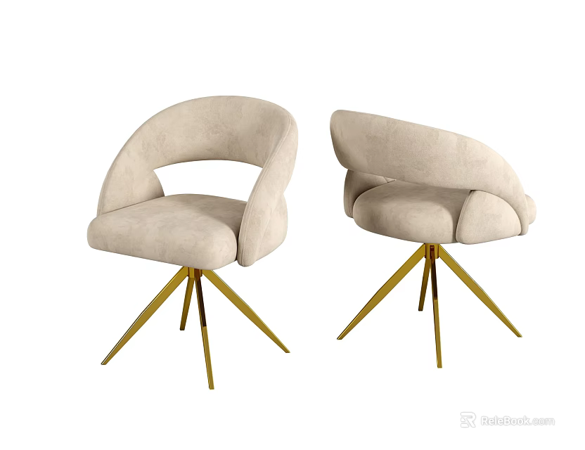 Elegant Modern Beige Upholstered Dining Chairs With Curved Backrest And Gold Metal Legs 3d model 