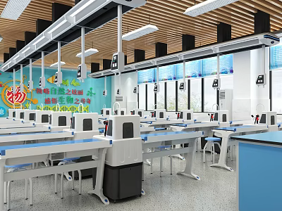 Modern Open Concept Laboratory Interior Design With Lab Benches Chairs And Equipment 3d model
