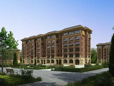 Classical Multi storey Residential Building With Brick Facade And Landscaped Garden 3d model
