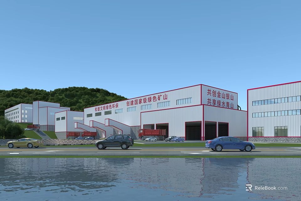 Industrial Factory Complex With Multiple Buildings Green Hills And Water Area 3d model 
