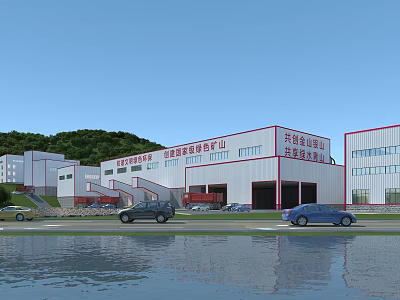 Industrial Factory Complex With Multiple Buildings Green Hills And Water Area 3d model