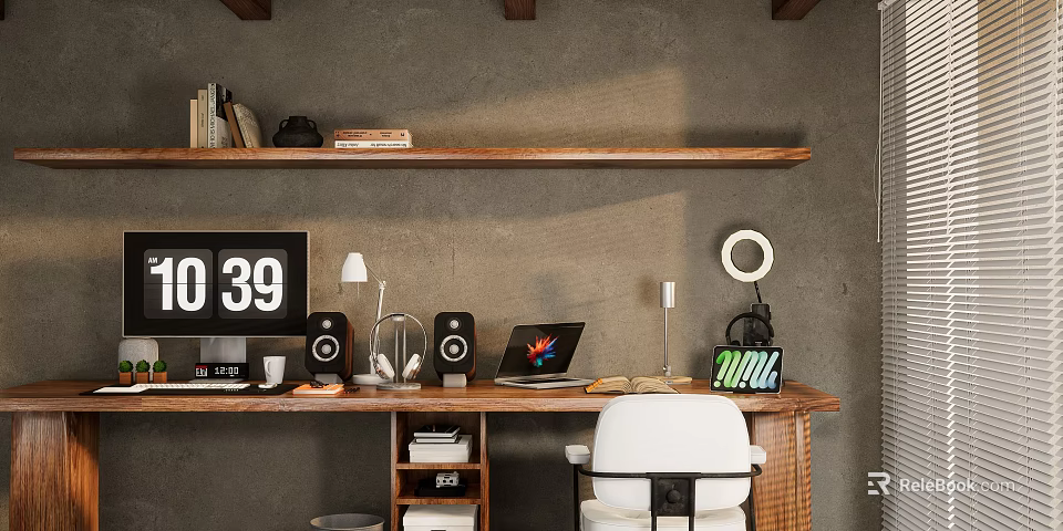Wooden Desk And White Chair Workspace With Laptop Table Lamp Shelf Books And Clock 3d model 