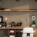 Wooden Desk And White Chair Workspace With Laptop Table Lamp Shelf Books And Clock