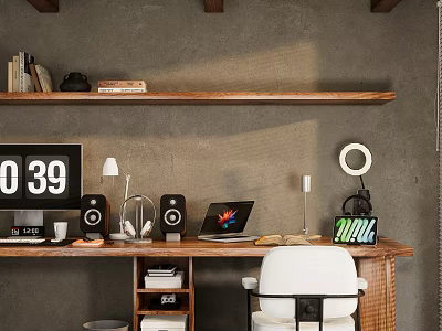 Wooden Desk And White Chair Workspace With Laptop Table Lamp Shelf Books And Clock 3d model