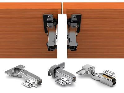 Stainless Steel Cabinet Hinges Mounted on Wooden Panel with Detailed Hardware Parts 3d model