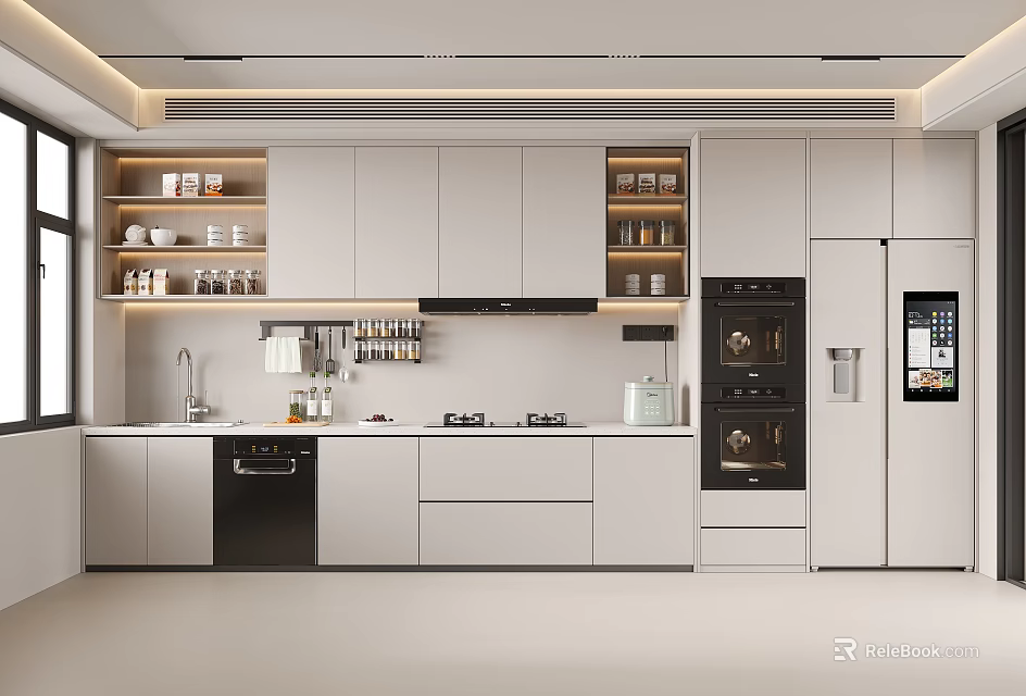 Modern Kitchen Interior Design With White Cabinets Island Counter And Black Appliances 3d model 