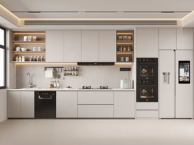 Modern Kitchen Interior Design With White Cabinets Island Counter And Black Appliances 3d model