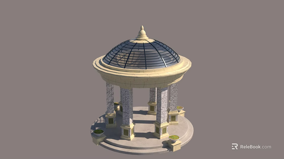 Elegant Stone Pavilion with Glass Dome Skylight and Stone Columns with Flower Pots 3d model 