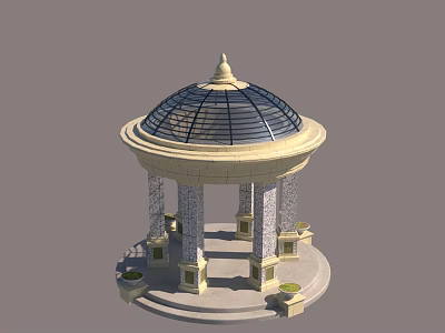 Elegant Stone Pavilion with Glass Dome Skylight and Stone Columns with Flower Pots 3d model