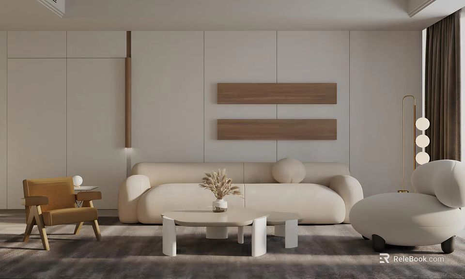Modern Living Room Interior With Beige Sofa Wooden Decor Strips Coffee Table And Rug 3d model 