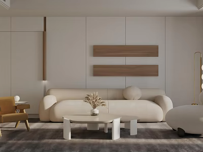 Modern Living Room Interior With Beige Sofa Wooden Decor Strips Coffee Table And Rug 3d model