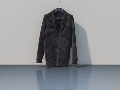 Dark Knitted Cardigan Hanging On Hanger Against Gray Wall With Smooth Floor Reflection 3d model