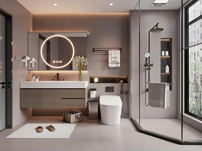 Modern Bathroom Interior Design With Round Mirror Shower Vanity And Natural Light 3d model