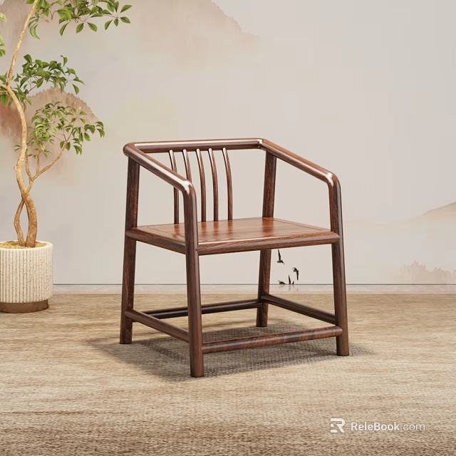 Traditional Chinese Style Solid Wood Single Chair With Armrest And Vertical Slats Backrest 3d model 