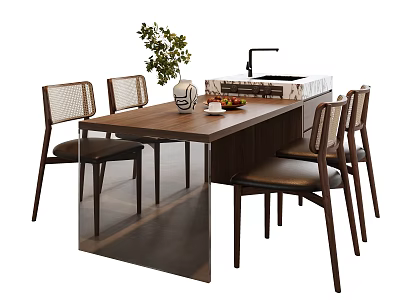 Modern Wooden Dining Table Set With Four Rattan Back Chairs Decorative Vase And Green Plant 3d model