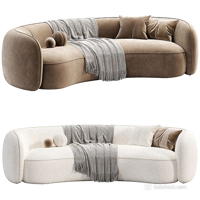 Velvet Upholstered Brown And White Sectional Sofa With Throw Pillows And Cozy Blanket Modern Design 3d model 