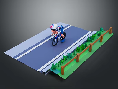 Cyclist Riding On Asphalt Road With Wooden Fence And Green Grass 3d model