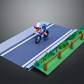 Cyclist Riding On Asphalt Road With Wooden Fence And Green Grass