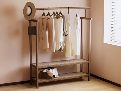 Minimalist Clothing Rack With Hanging Dresses Hat And Shelf Items Near Window 3d model