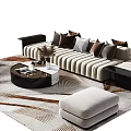 Modern Striped Sofa And Coffee Table Set With Neutral Pillows Round Ottoman And Patterned Rug 3d model