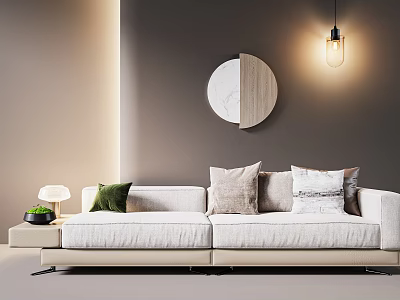 Multi person Beige Sofa With Multiple Cushions In Modern Living Room Gray Wall Round Art 3d model