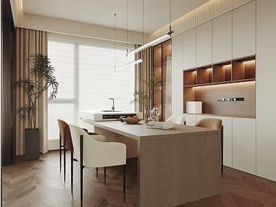 Modern Restaurant Open Kitchen Interior With Island Counter Dining Table Chairs And Pendant Lights 3d model