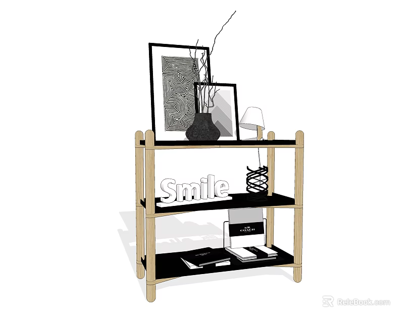 Wooden Storage Shelf With Photo Frames Vase Dried Branches Smile Letter And Books 3d model 