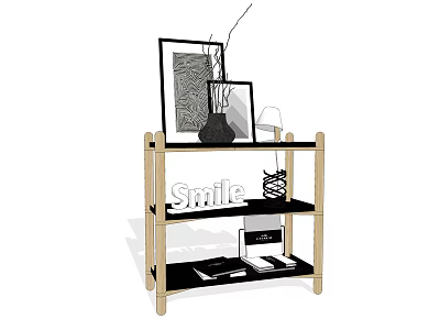 Wooden Storage Shelf With Photo Frames Vase Dried Branches Smile Letter And Books 3d model