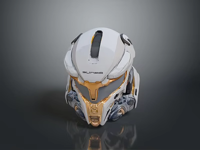 Futuristic Tactical Weapon Helmet With White And Gold Mechanical Design Structure 3d model