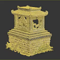 Traditional Chinese Pavilion With Intricate Carvings On Brick Stone Base And Green Plants
