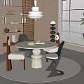 Modern Round Marble Dining Table Set With Black Wooden Chairs Window Blinds And Plant