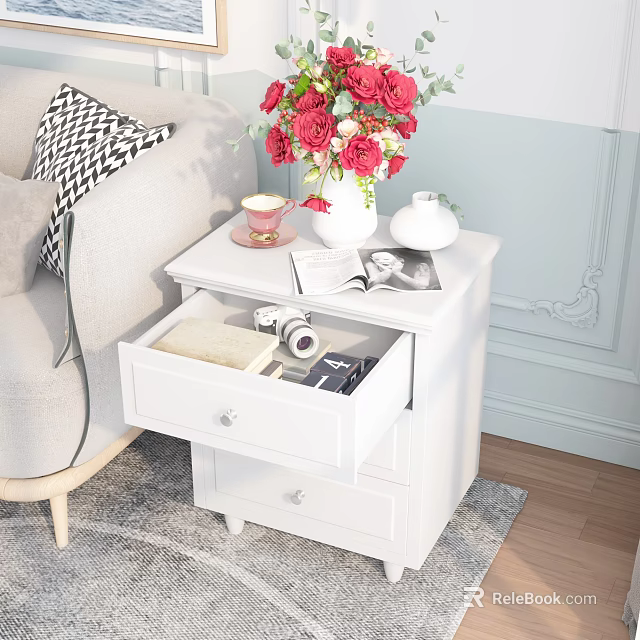 White Nightstand With Open Drawer Camera Book Red Flowers Vase Small Teacup And Magazine 3d model 