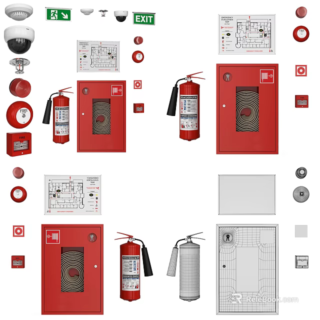 Essential Fire Safety Equipment With Extinguishers Alarm Boxes Control Panels And Buttons 3d model 