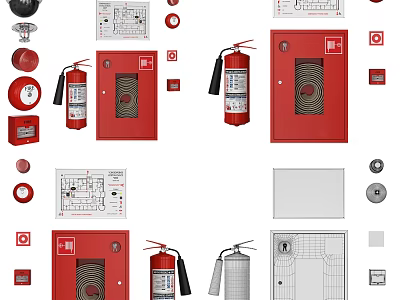 Essential Fire Safety Equipment With Extinguishers Alarm Boxes Control Panels And Buttons 3d model