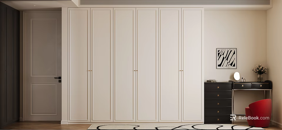 Modern White Vanity Interior With Black Chest Of Drawers And Wooden Floor 3d model 