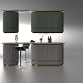 Modern Bar Counter With Light Green Cabinet Marble Top And Fruit Platter Green Plant Wine Bottles