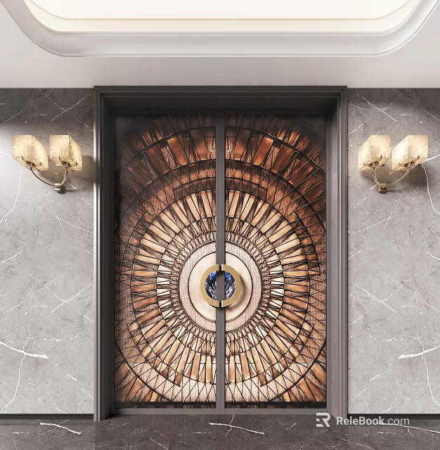 Decorative Double Doors Featuring Radiant Pattern Circular Blue Accent Grey Marble Walls And Wall Sconces 3d model 